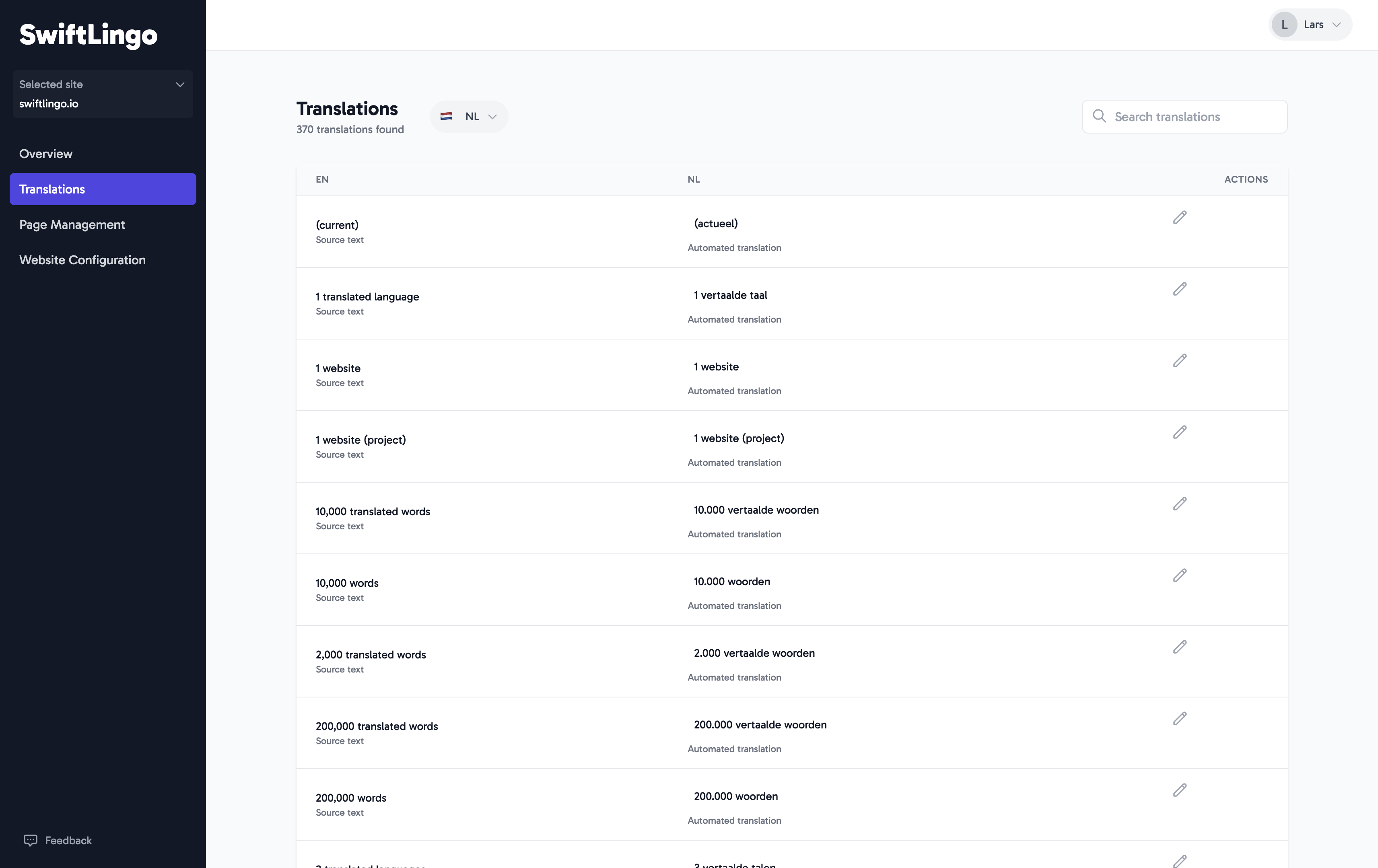 Translation Management Interface